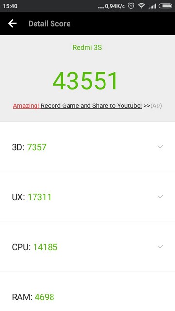Результаты Xiaomi Redmi 3s в AnTuTu